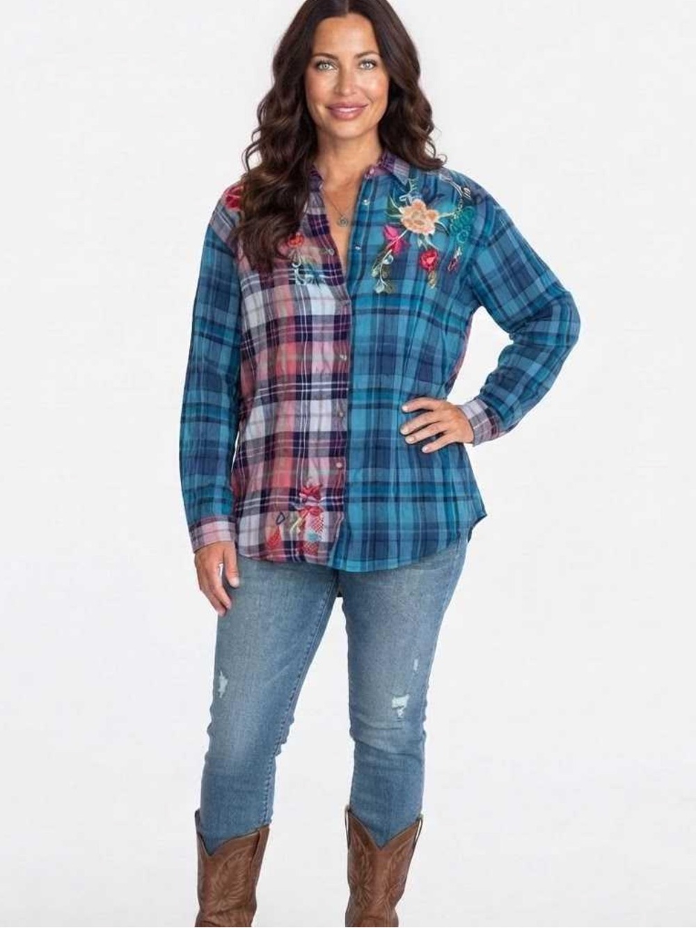 Johnny Was heavily embroidered Eliona Mixed Plaid Snap Front Button NWT